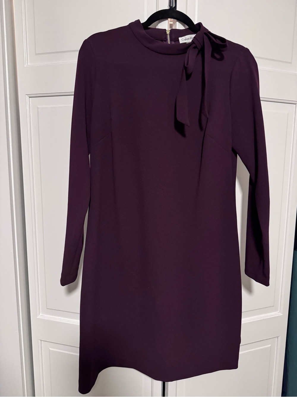 Calvin Klein Deep Plum Long-Sleeve Tie-Neck Dress
